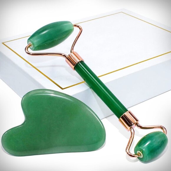 Other - Green Jade Gua Sha Facial Spa Roller & Massage Stone In Rose Gold